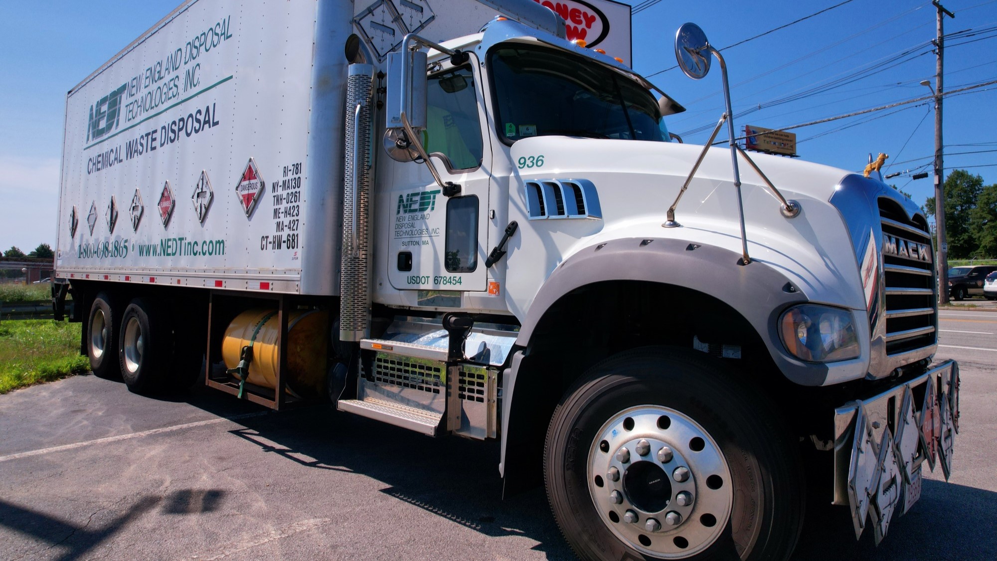 NEDT semi truck and trailer for use in hazardous waste transportation.