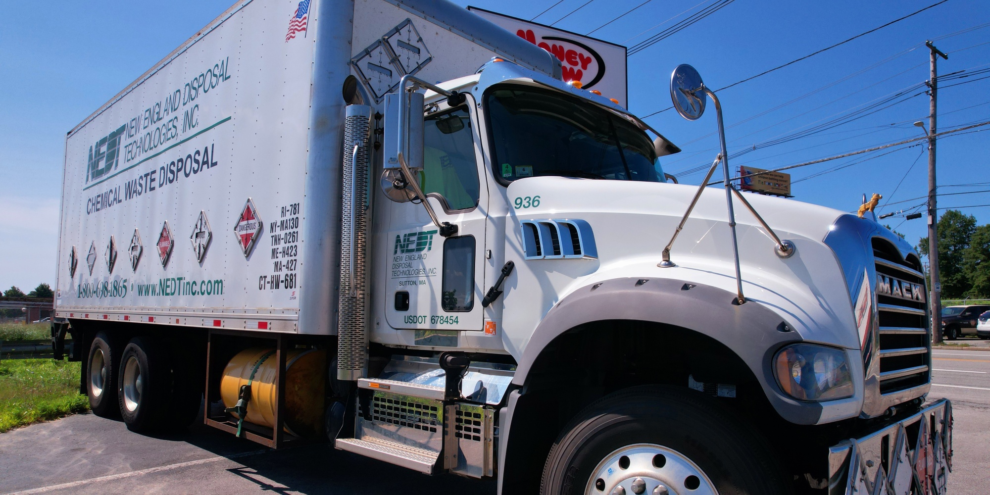 Closeup of an NEDT Hazardous Waste Transportation truck.